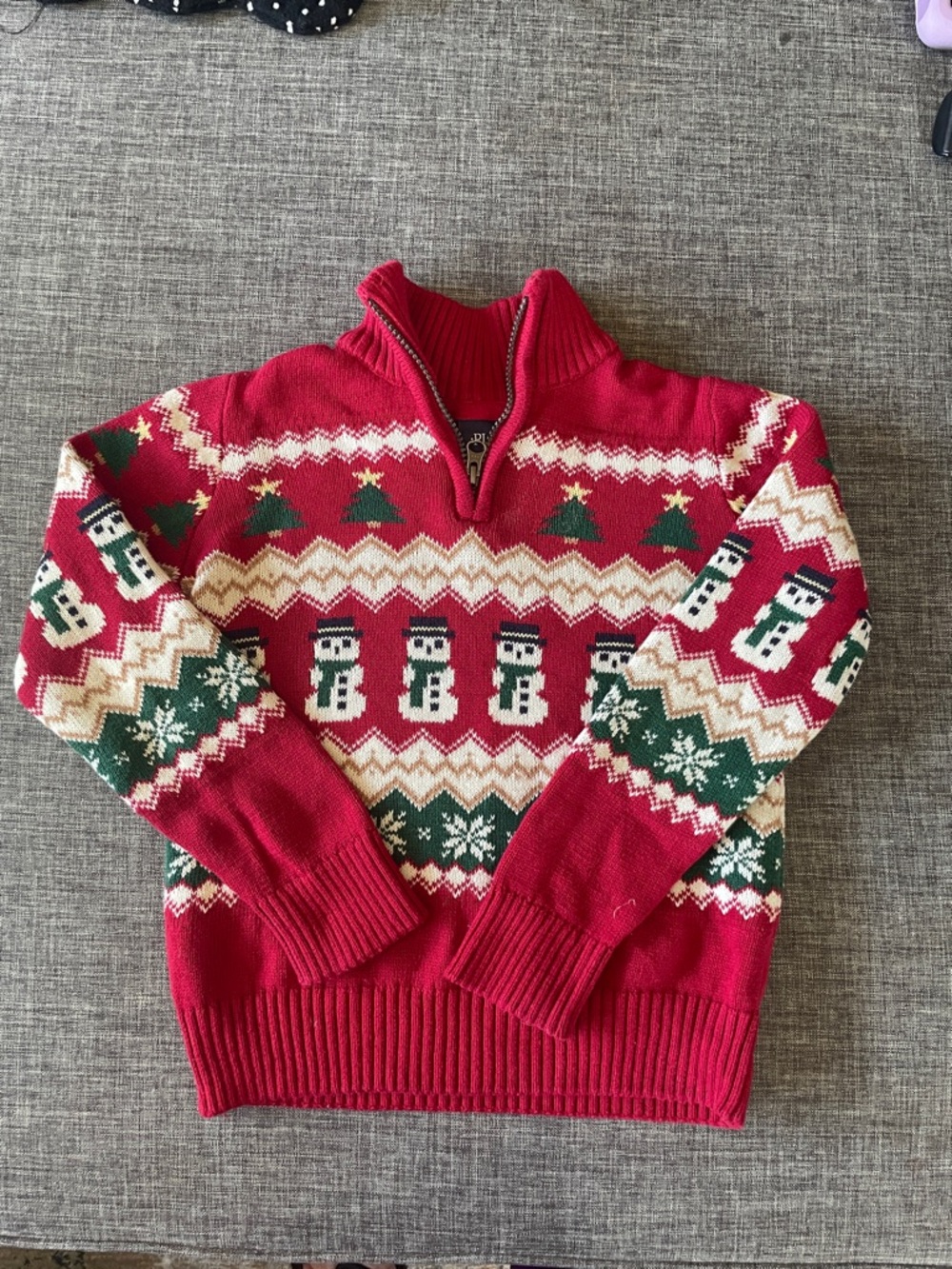 The Children's Place Red Holiday Zip-Neck Sweater with Snowman & Tree Motif